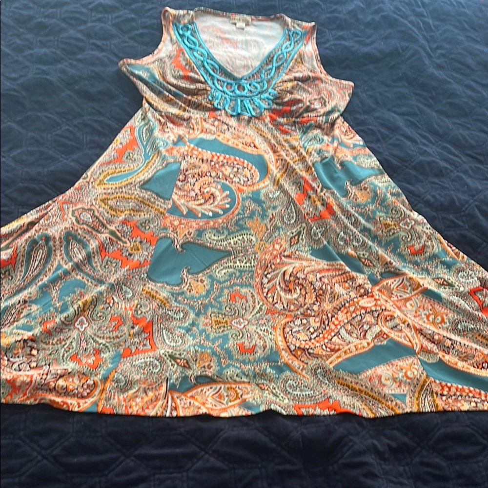 Turquoise and Orange Paisley Sleeveless Dress